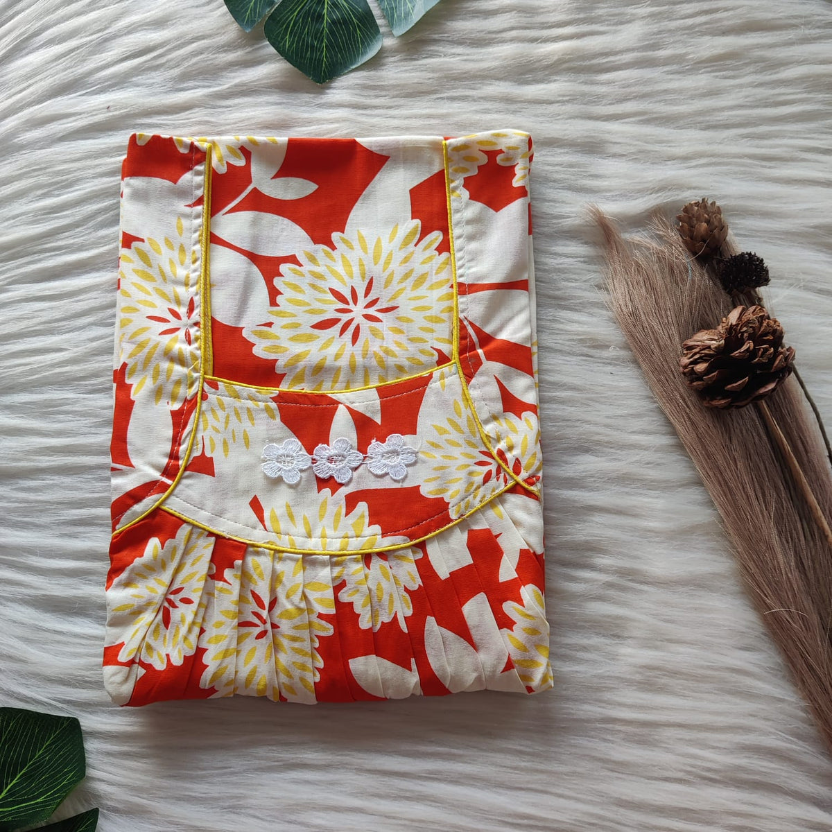 Yellow Floral Printed Red Premium Cotton Three Flower Nighty |Free Size | Chest Width 44"| Length 54"-55"