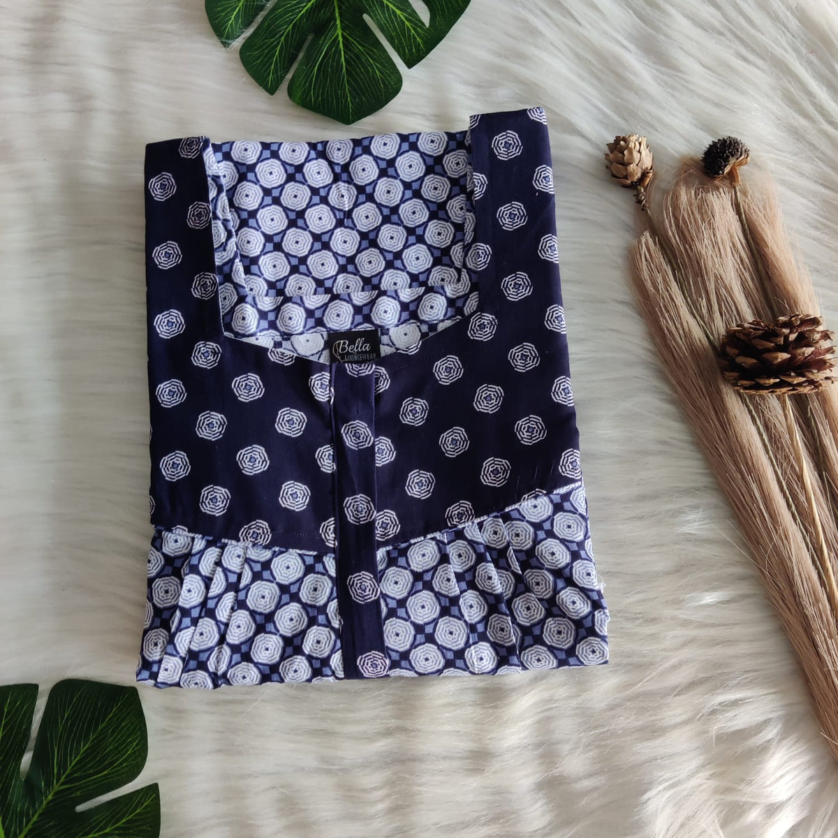 Dark And Pale Blue Printed Premium Cotton Square Neck Pleated Nighty | Free Size | Chest Width 44″| Length 55″-56″