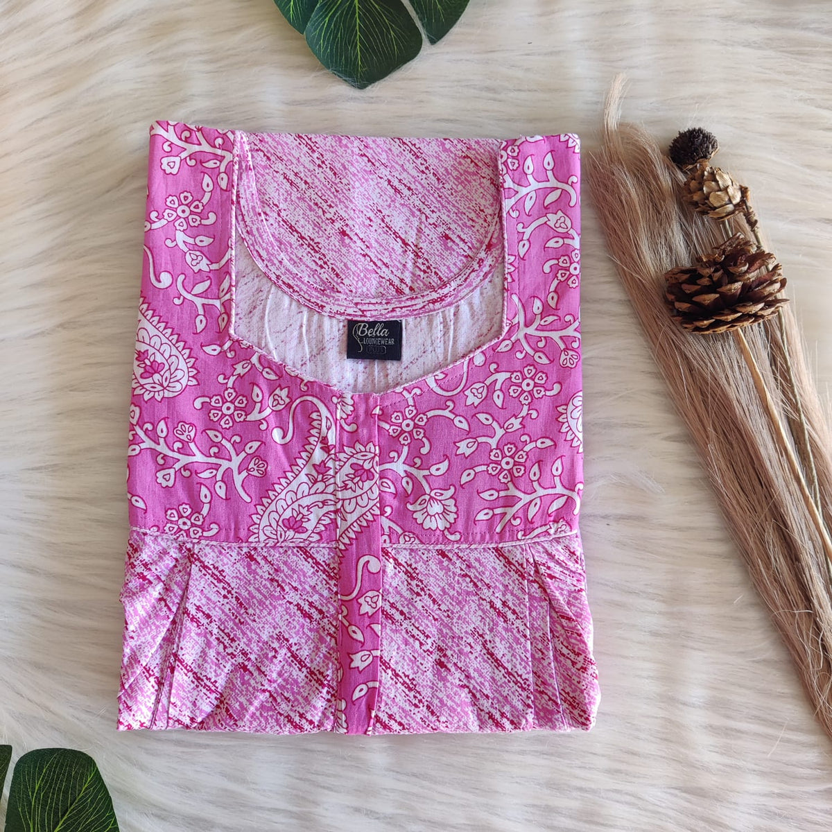 Pink And White Floral Printed Premium Cotton Pleated Vertical Zip Feeding Nighty | Free Size | Chest Width 44″| Length 54″-56″