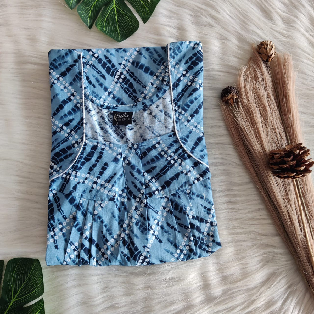 Garage Sale - Blue Bandhani Printed Premium Cotton Pleated Zip Nighty | Free Size | Chest Width 44″| Length 54″-55″