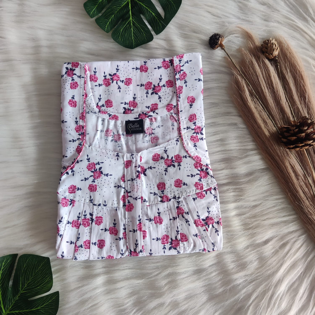 Garage Sale - Pink Floral Printed White Premium Cotton Pleated Zip Nighty | Free Size | Chest Width 44″| Length 54″-55″