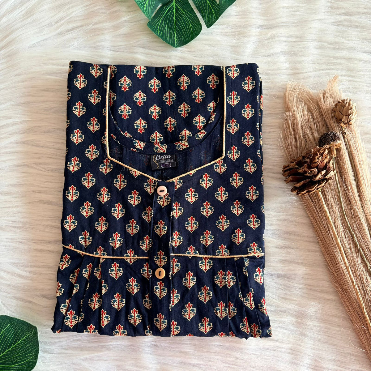 Garage Sales - Cream Printed Navy-Blue Cotton Button Zip Nighty | Free Size | Chest Width 44″| Length 55″-56″
