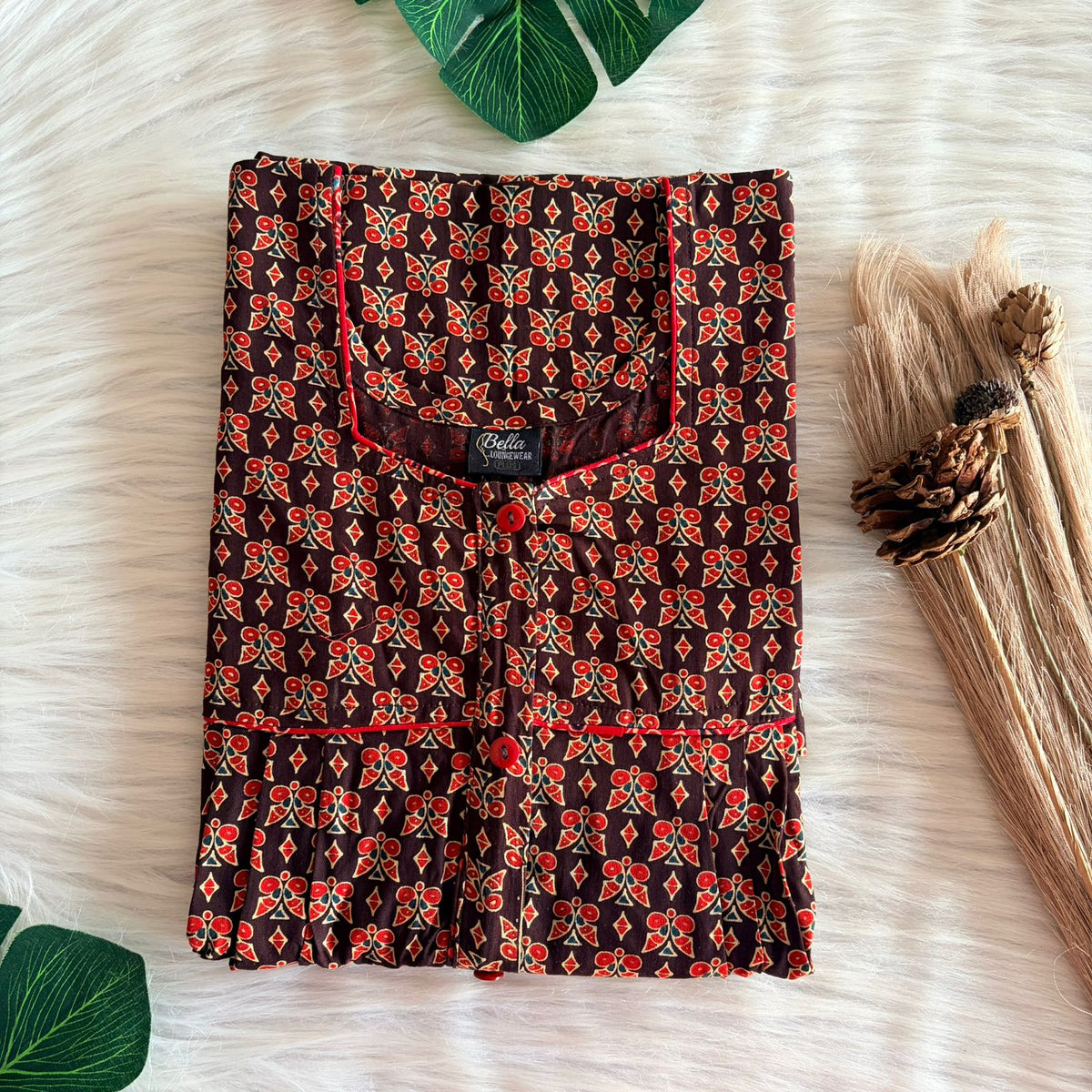 Garage Sales - Red Printed Brown Cotton Button Zip Nighty | Free Size | Chest Width 44″| Length 55″-56″