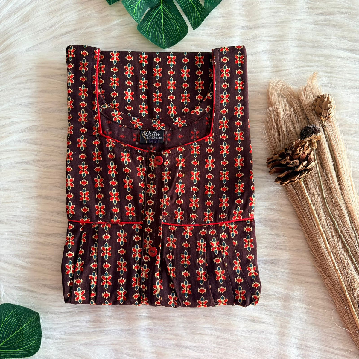 Garage Sales - Coffee Brown Printed  Cotton Button Zip Nighty | Free Size | Chest Width 44″| Length 55″-56″