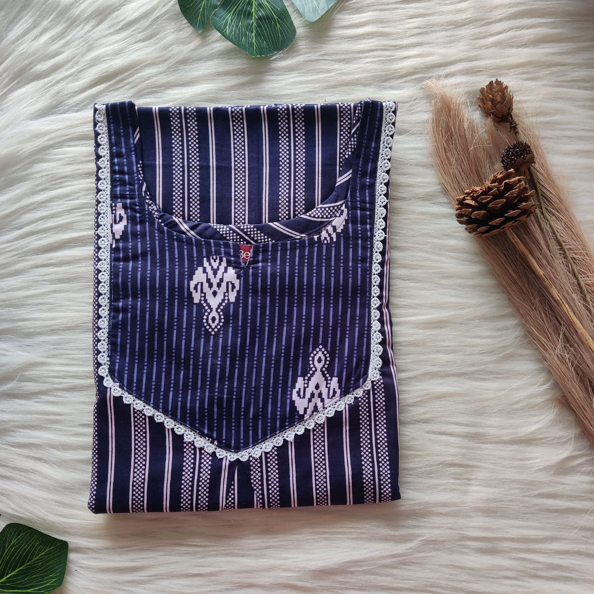 Navy Blue And White Stripes Printed Premium Cotton Mix N Match Lace Pocket Nighty | Free Size | Chest Width 44″| Length 56″