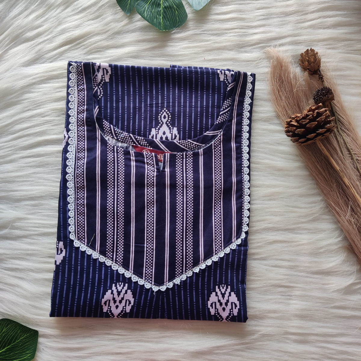 White And Navy Blue Printed Premium Cotton Mix N Match Lace Pocket Nighty | Free Size | Chest Width 44″| Length 56″