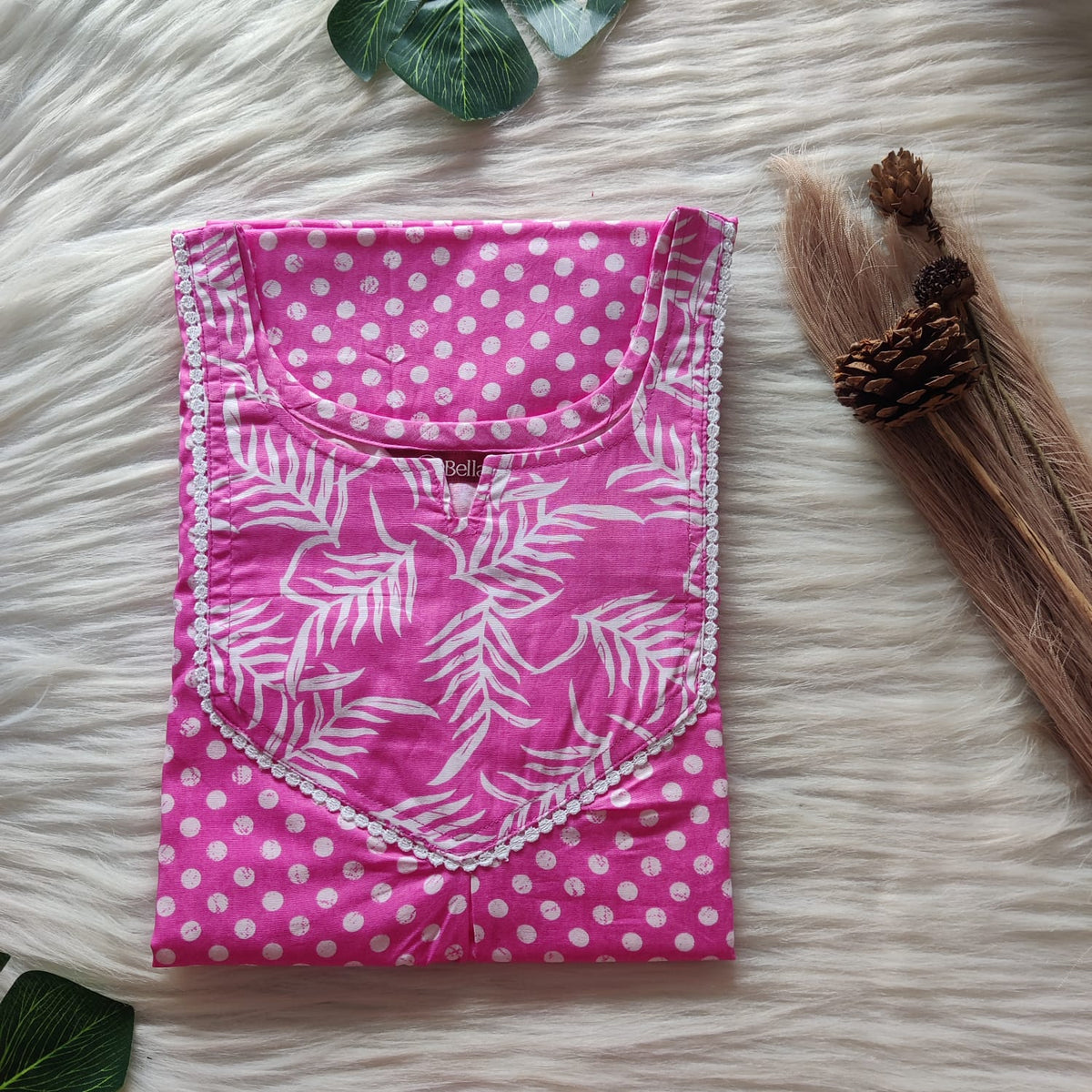 Pink And White Dot Printed Premium Cotton Mix N Match Lace Pocket Nighty | Free Size | Chest Width 44″| Length 56″