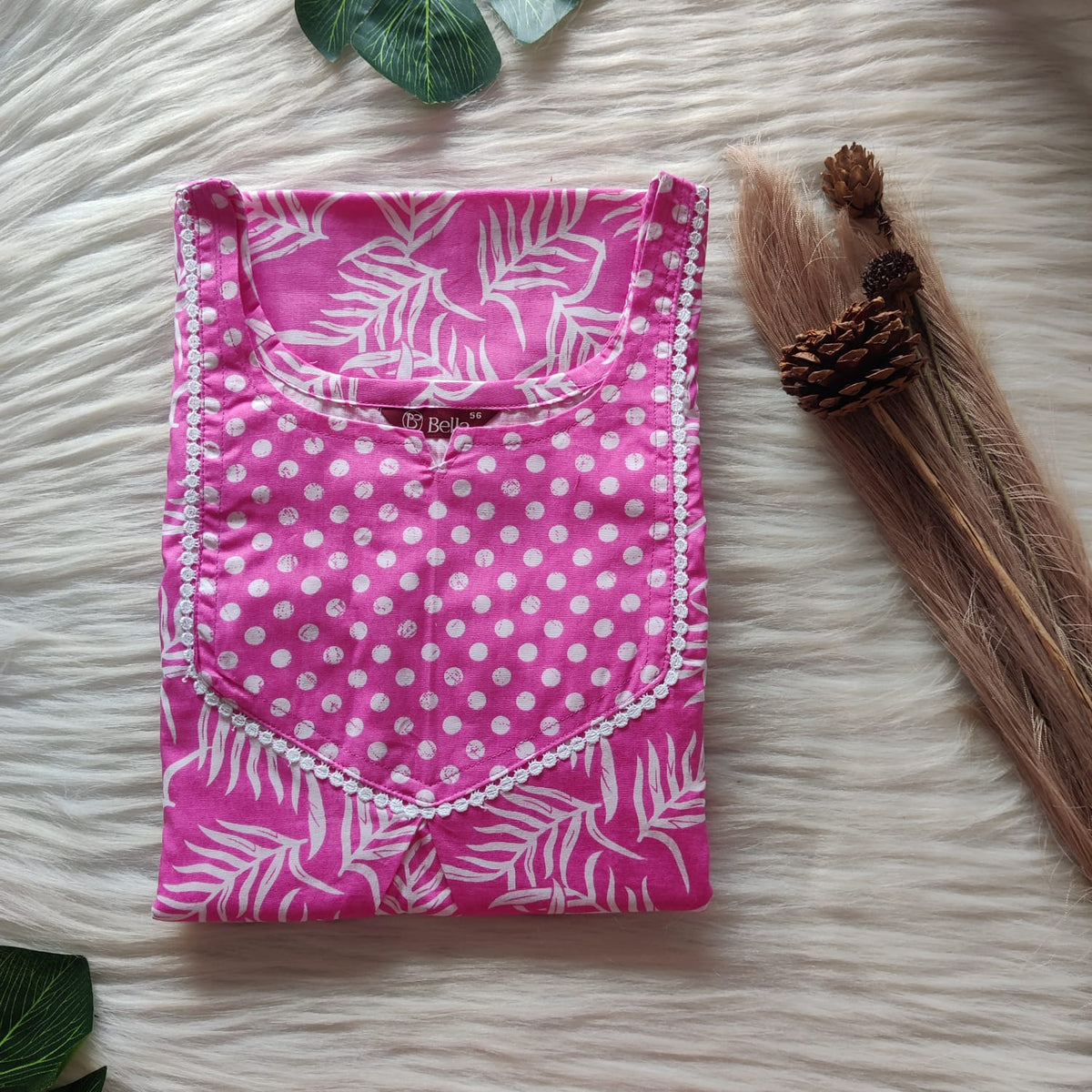 White And Pink Printed Premium Cotton Mix N Match Lace Pocket Nighty | Free Size | Chest Width 44″| Length 56″