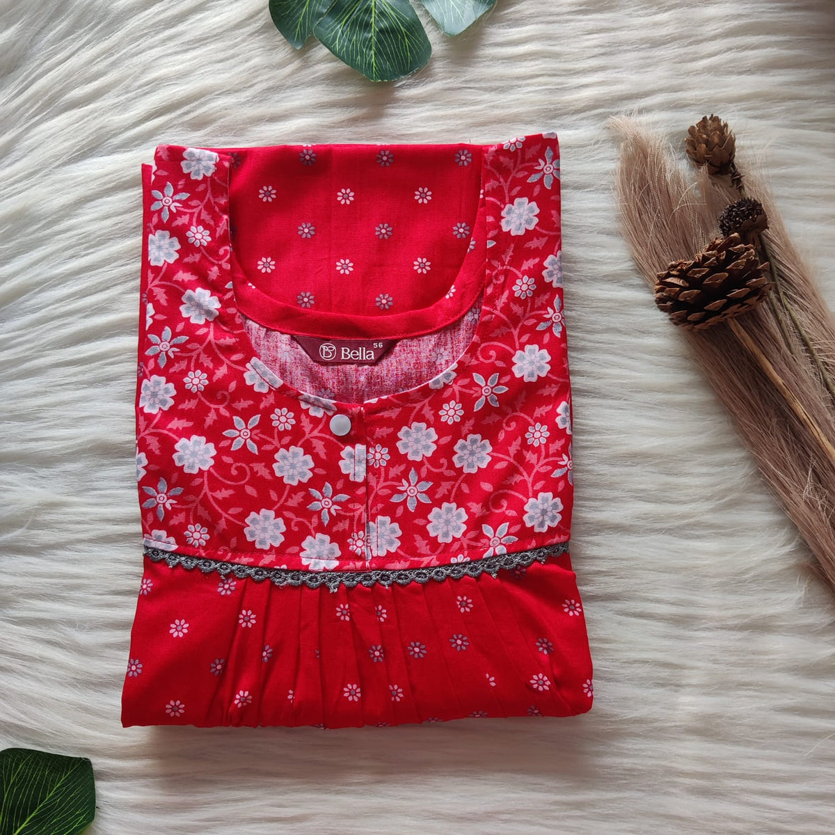 Grey And Red Printed Premium Cotton Lace Nighty | Free Size | Chest Width 44″| Length 54″-56″