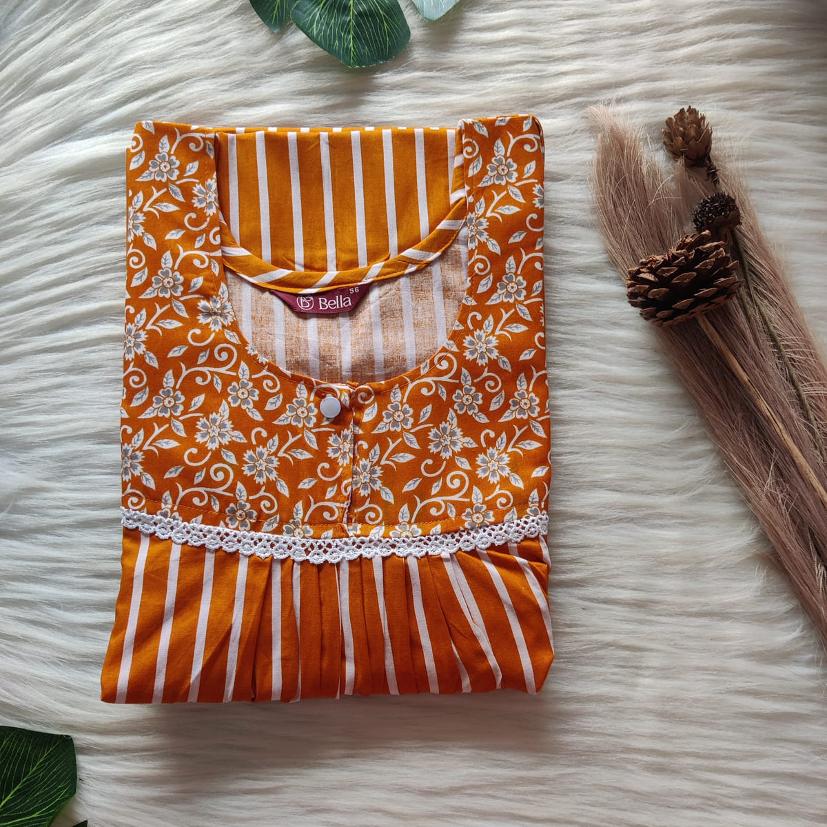 Grey And Marigold Orange Stripes Printed Premium Cotton Lace Nighty | Free Size | Chest Width 44″| Length 54″-56″