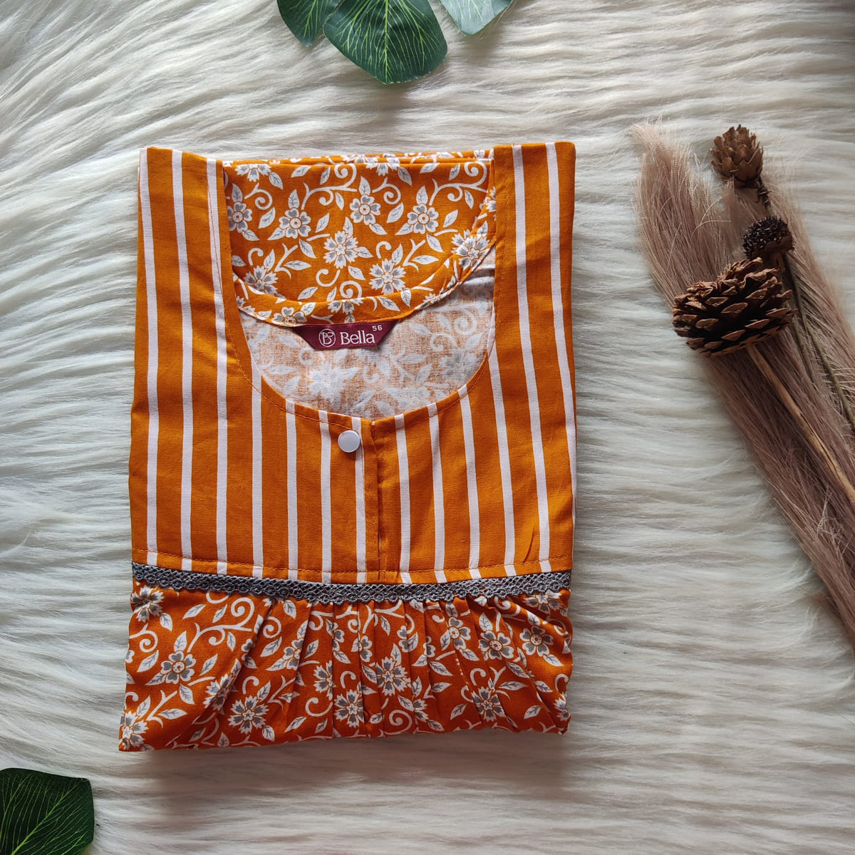 Marigold Orange And Grey Floral Printed Premium Cotton Lace Nighty | Free Size | Chest Width 44″| Length 54″-56″