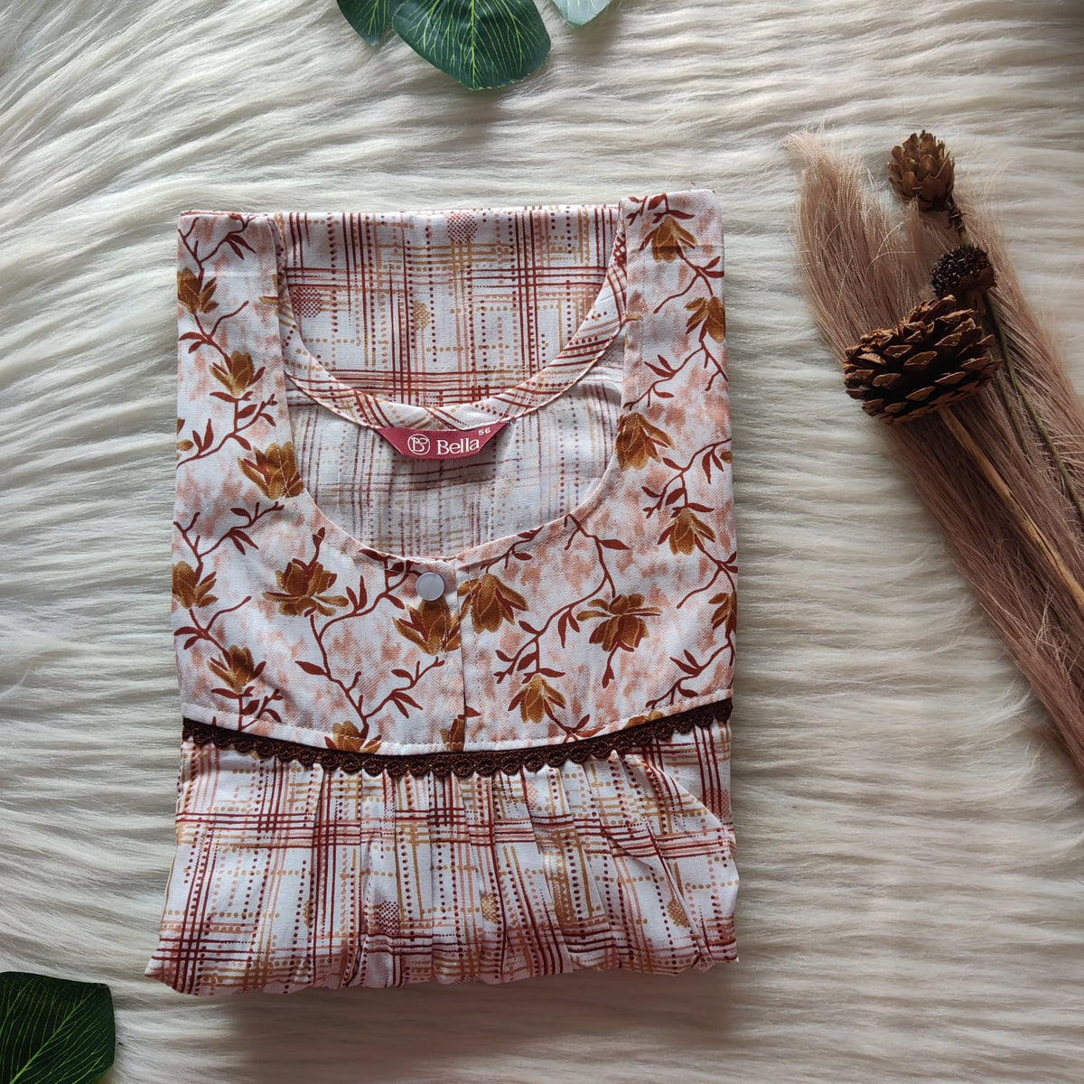Dark And Pale Brown Check Printed Premium Cotton Lace Nighty | Free Size | Chest Width 44″| Length 54″-56″