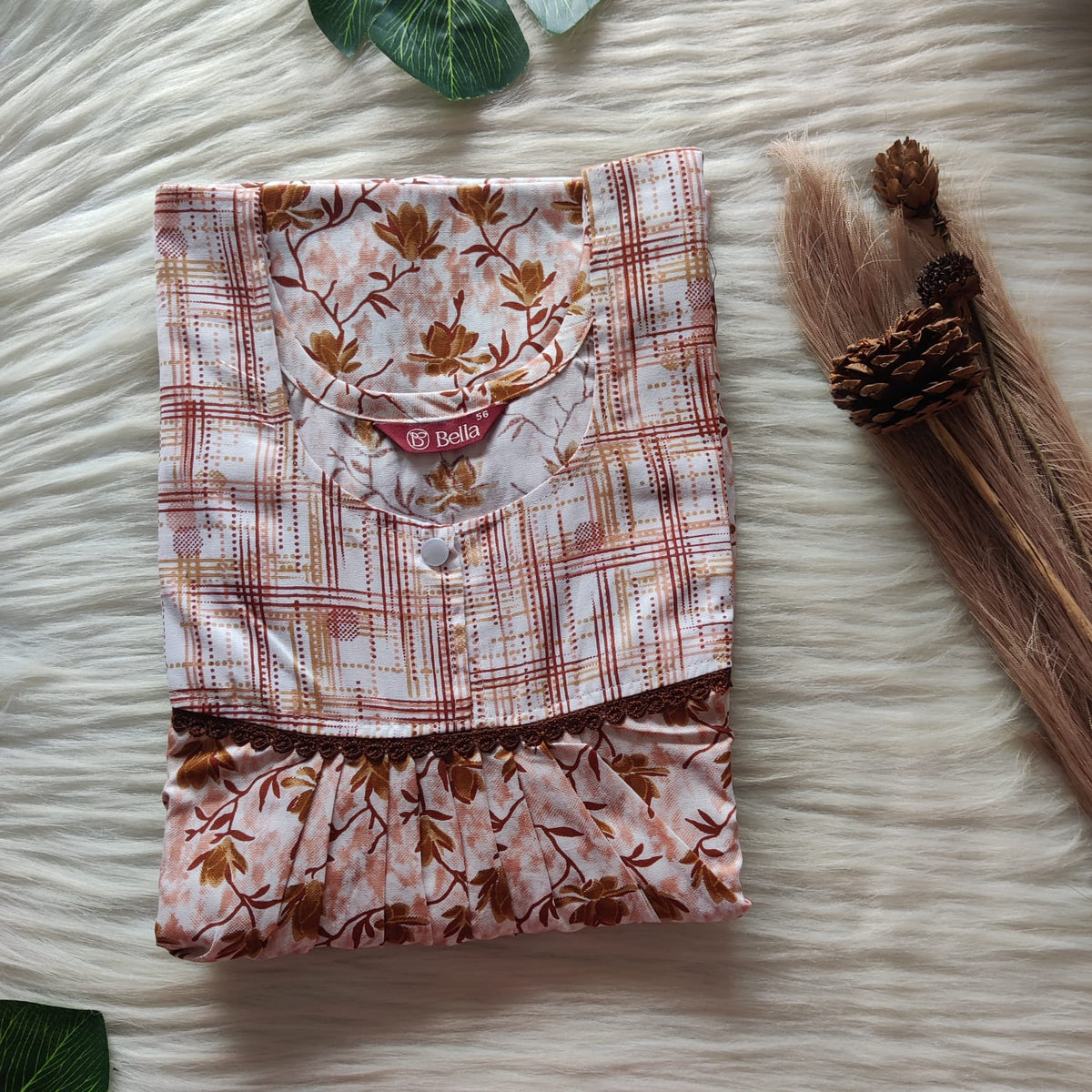 Pale And Dark Brown Floral Printed Premium Cotton Lace Nighty | Free Size | Chest Width 44″| Length 54″-56″