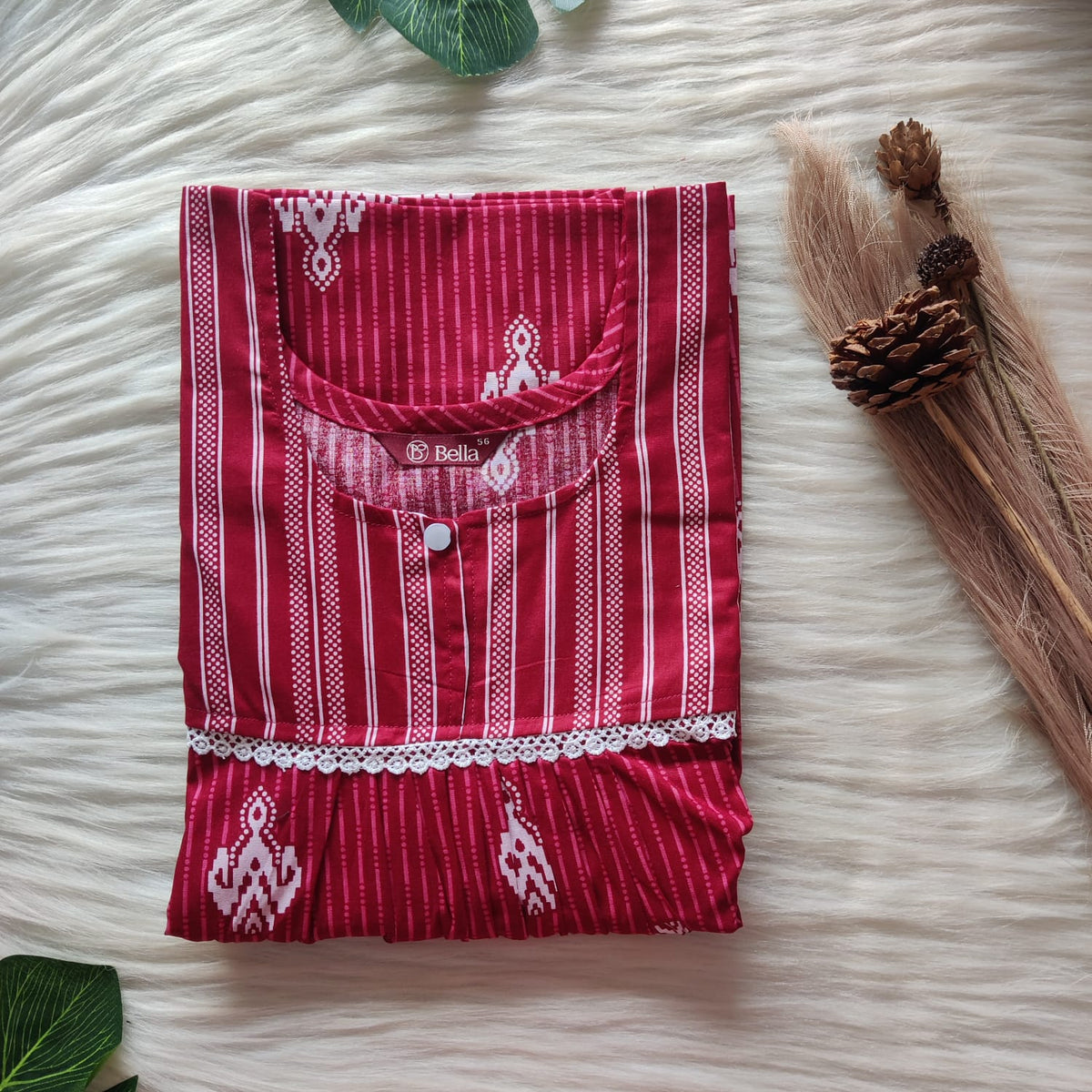 White And Red Printed Premium Cotton Lace Nighty | Free Size | Chest Width 44″| Length 54″-56″