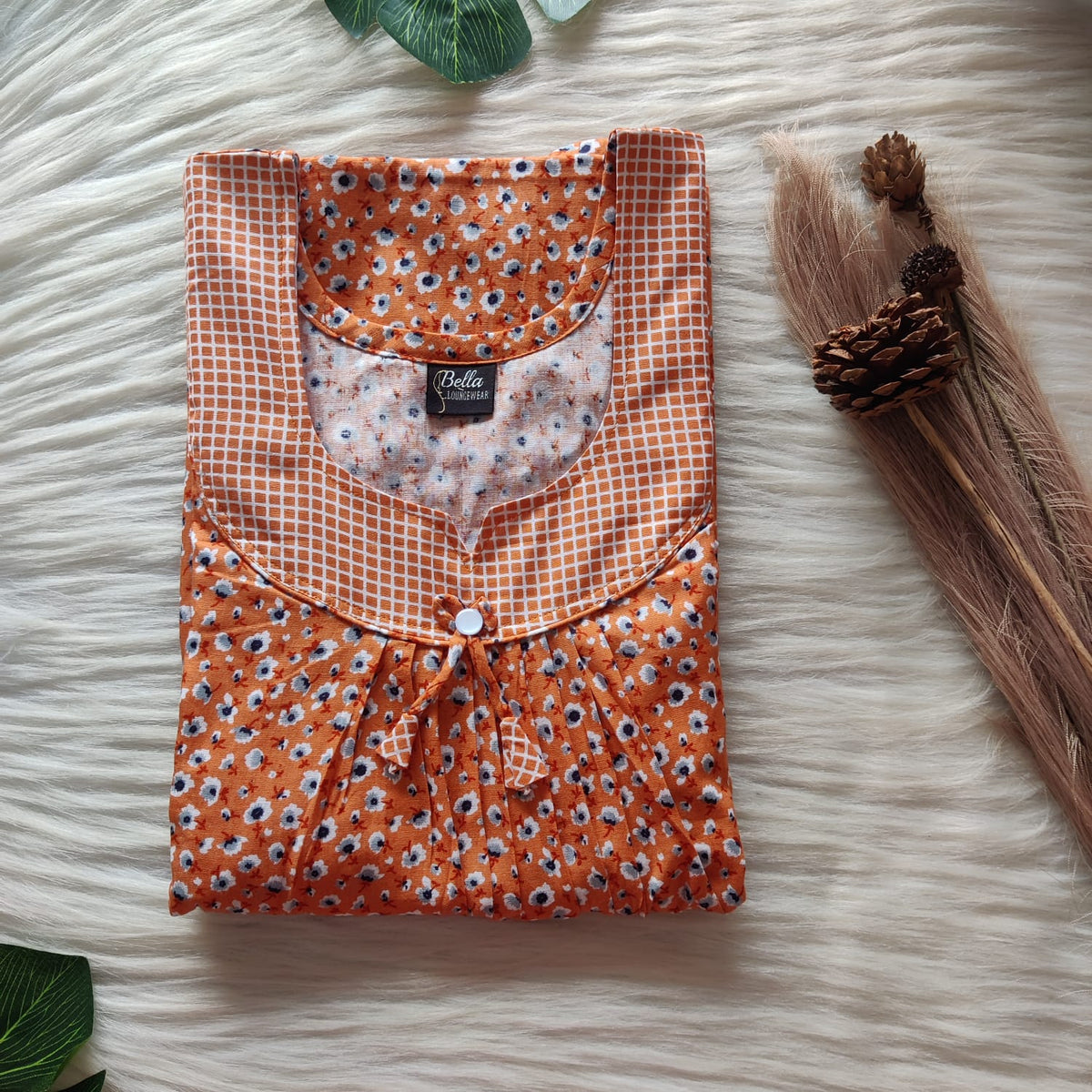 Orange Floral Printed Premium Cotton No Zip Pleated Nighty | Free Size | Chest Width 44″| Length 55″-56″