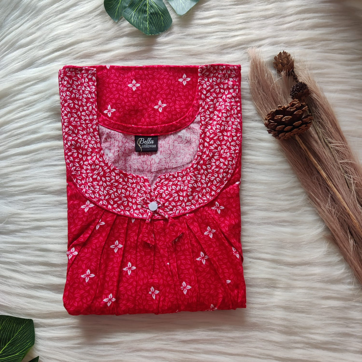 Red And White Floral Printed Premium Cotton No Zip Pleated Nighty | Free Size | Chest Width 44″| Length 55″-56″