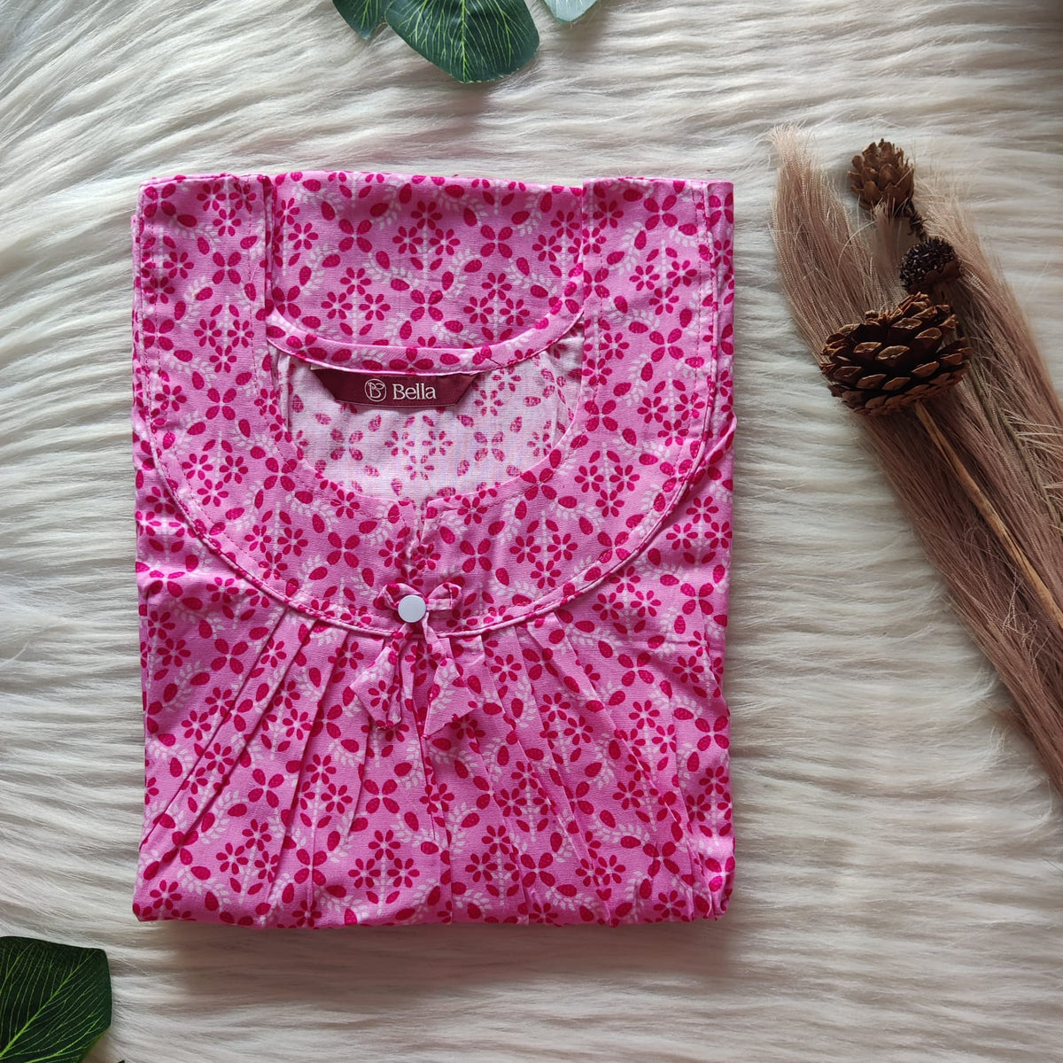 Pink Floral Printed Premium Cotton No Zip Pleated Nighty | Free Size | Chest Width 44″| Length 55″-56″