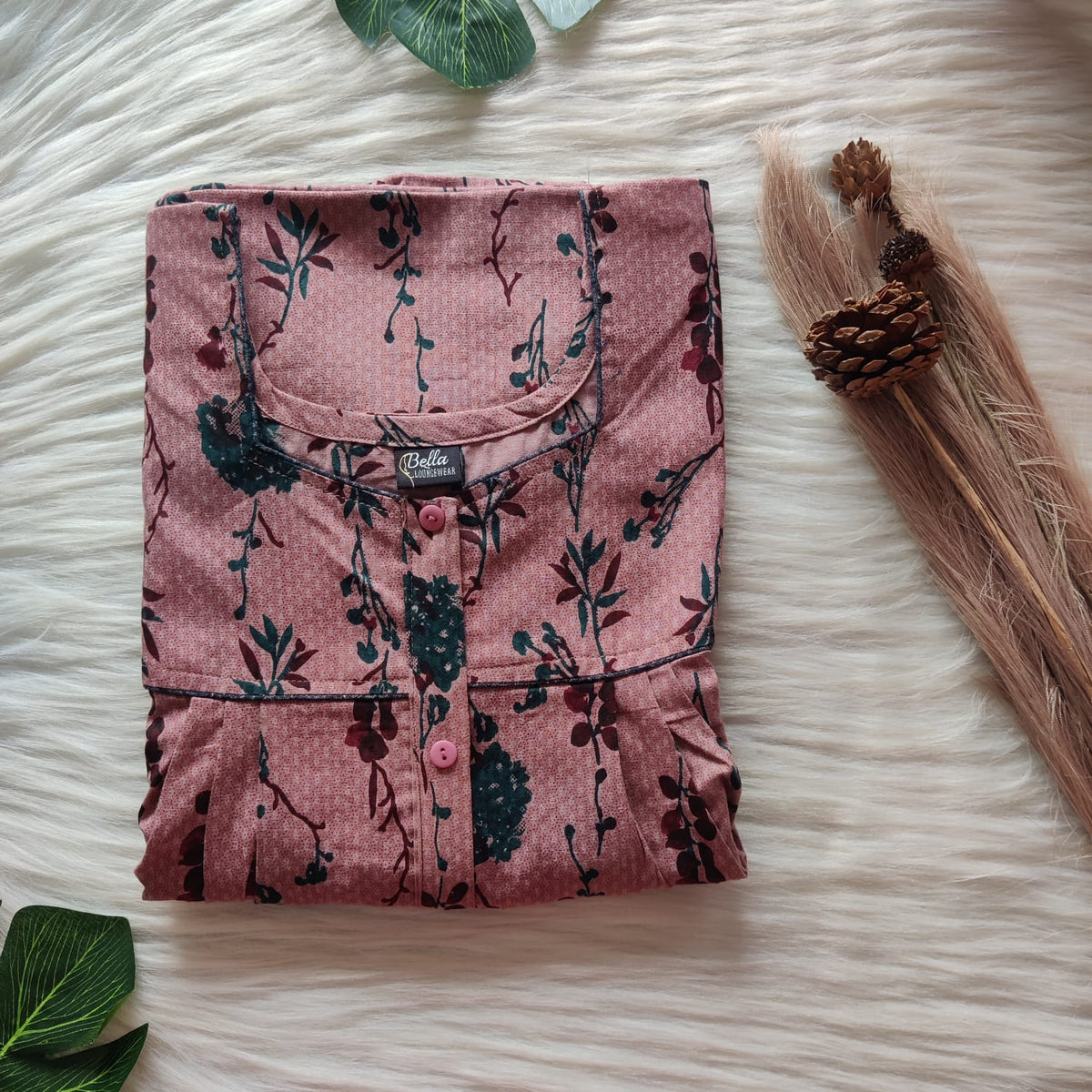 Green Printed Brown Premium Cotton Button Zip Nighty | Free Size | Chest Width 44″| Length 55″-56″