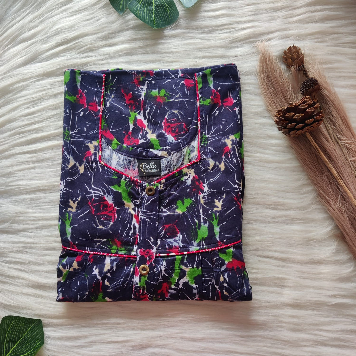 Navy Blue Printed Premium Cotton Button Zip Nighty | Free Size | Chest Width 44″| Length 55″-56″