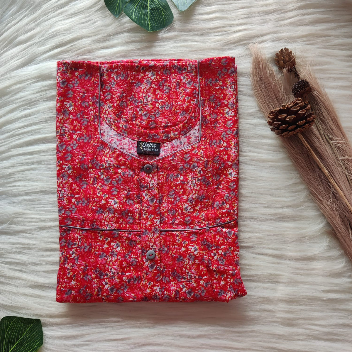 Red Printed Premium Cotton Button Zip Nighty | Free Size | Chest Width 44″| Length 55″-56″