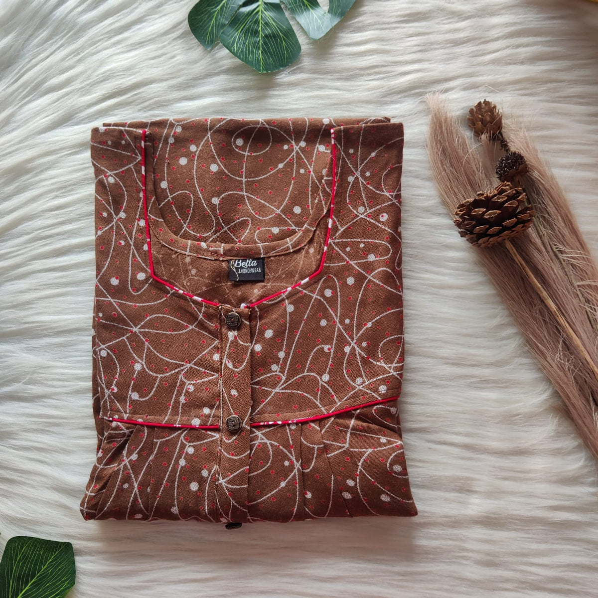 Brown Printed Alfine Button Zip Nighty | Free Size | Chest Width 44″| Length 54″-56″