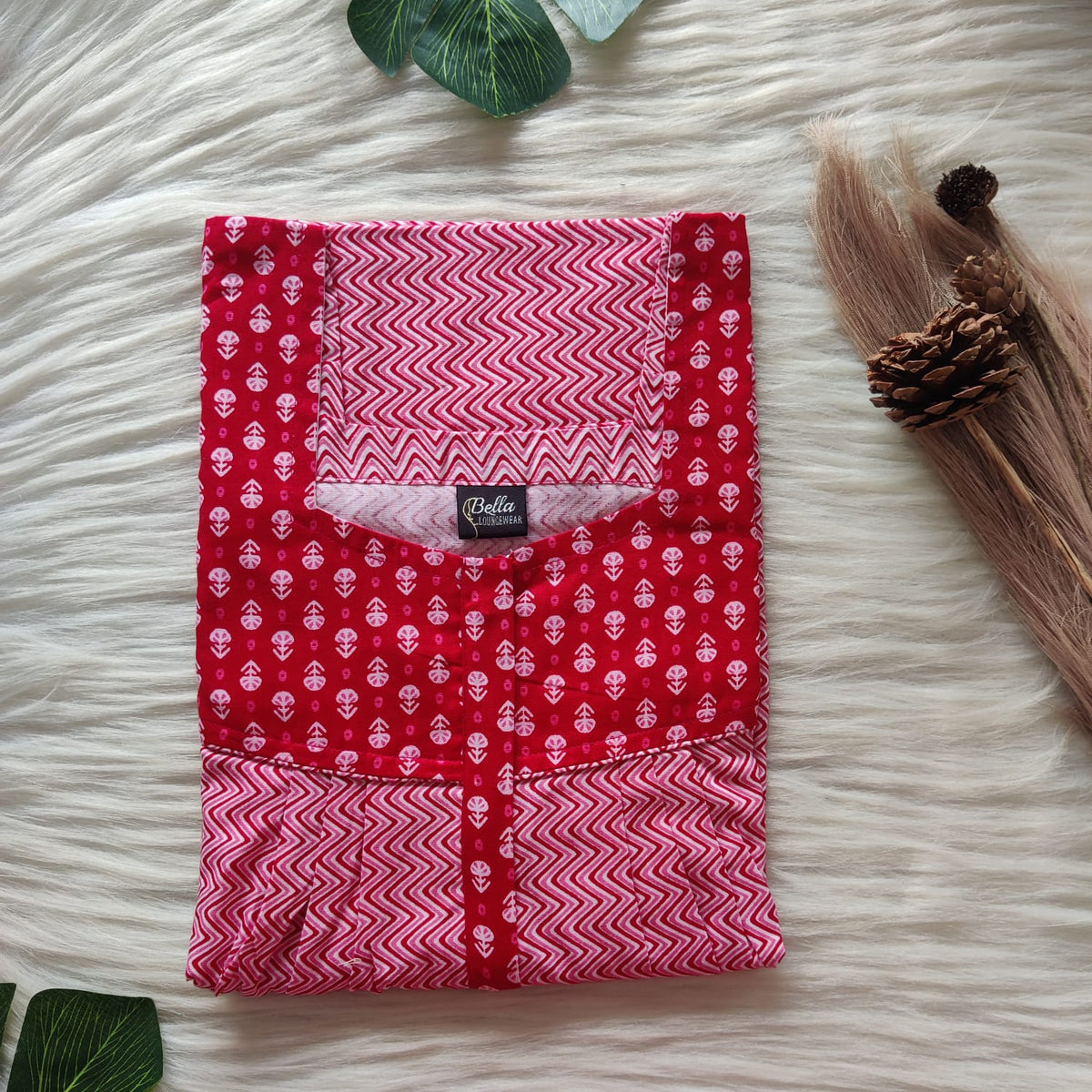 Red And White Zig Zag Printed Premium Cotton Square Neck Pleated Nighty | Free Size | Chest Width 44″| Length 55″-56″