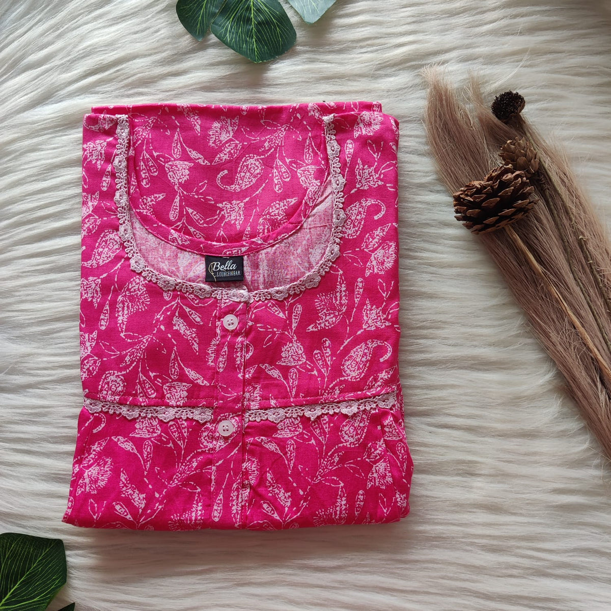 Pink Kalamkari Printed Premium Cotton Lace Button Nighty | Free Size | Chest Width 44"| Length 54"-56"