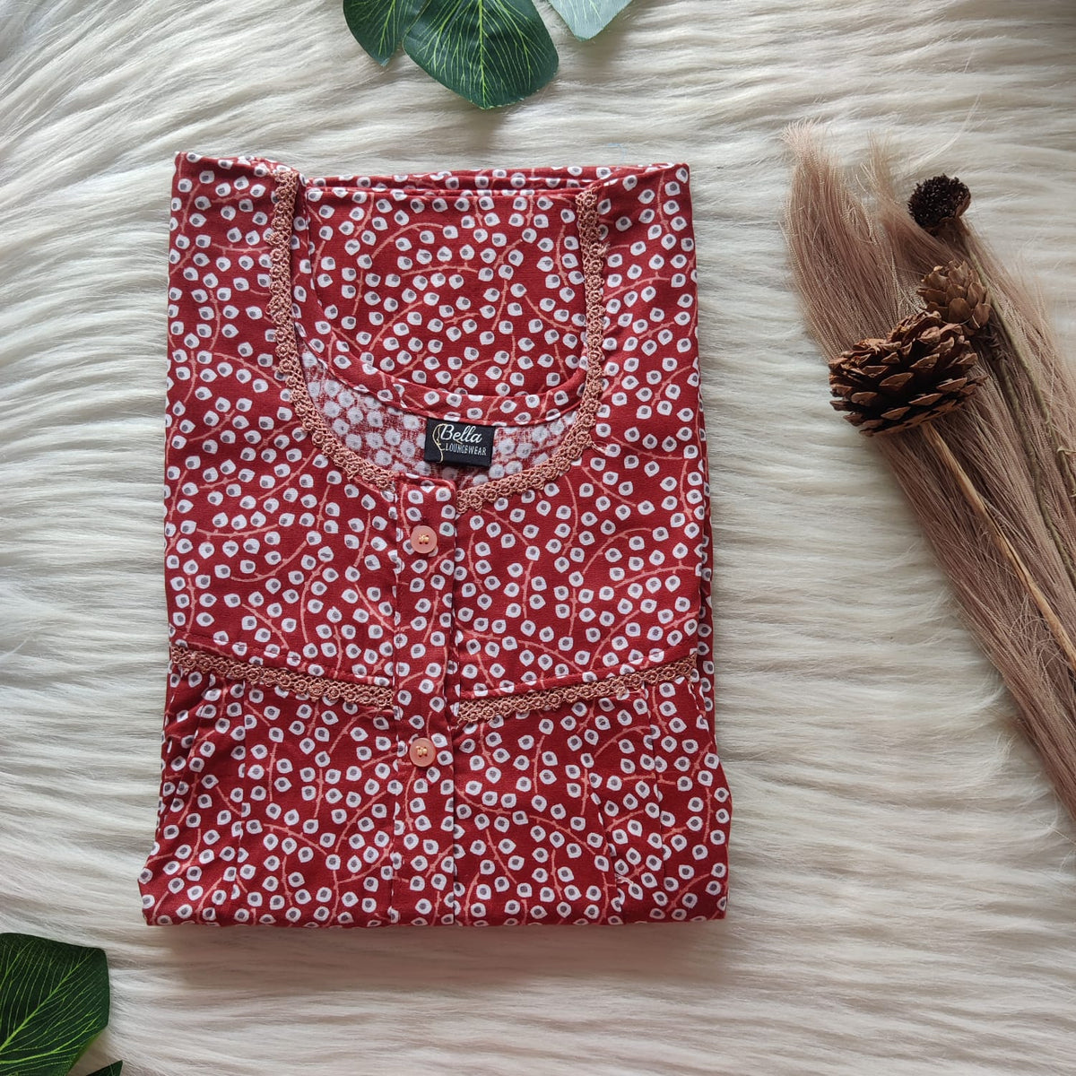 Brown Dot Printed Premium Cotton Lace Button Nighty | Free Size | Chest Width 44"| Length 54"-56"