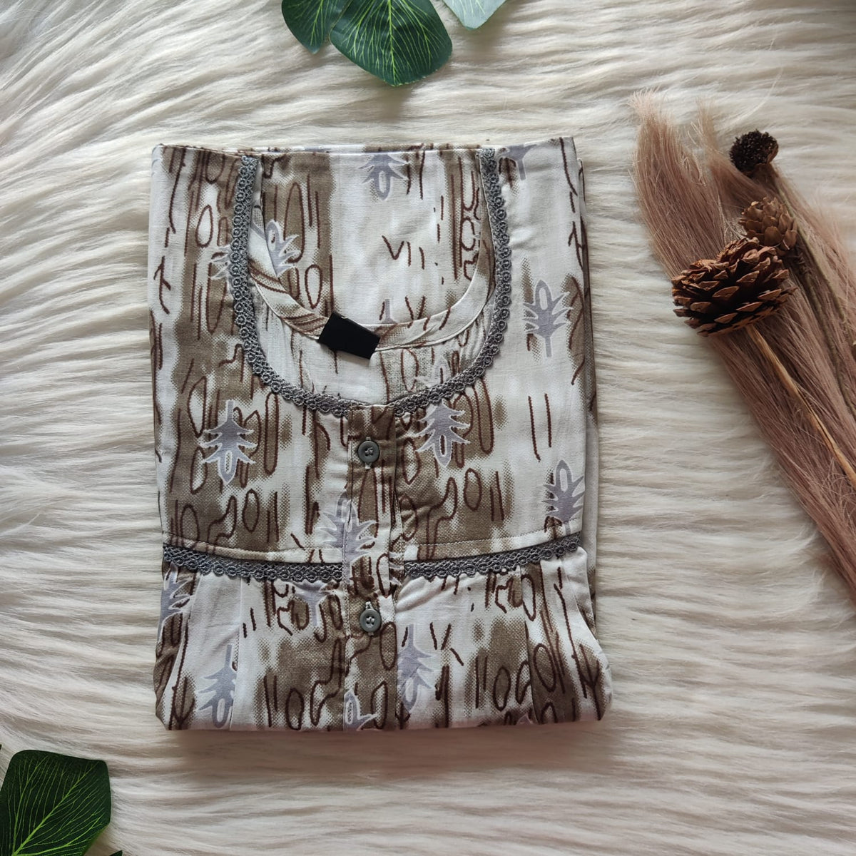 Brown And Ash Grey Printed Premium Cotton Lace Button Nighty | Free Size | Chest Width 44"| Length 54"-56"