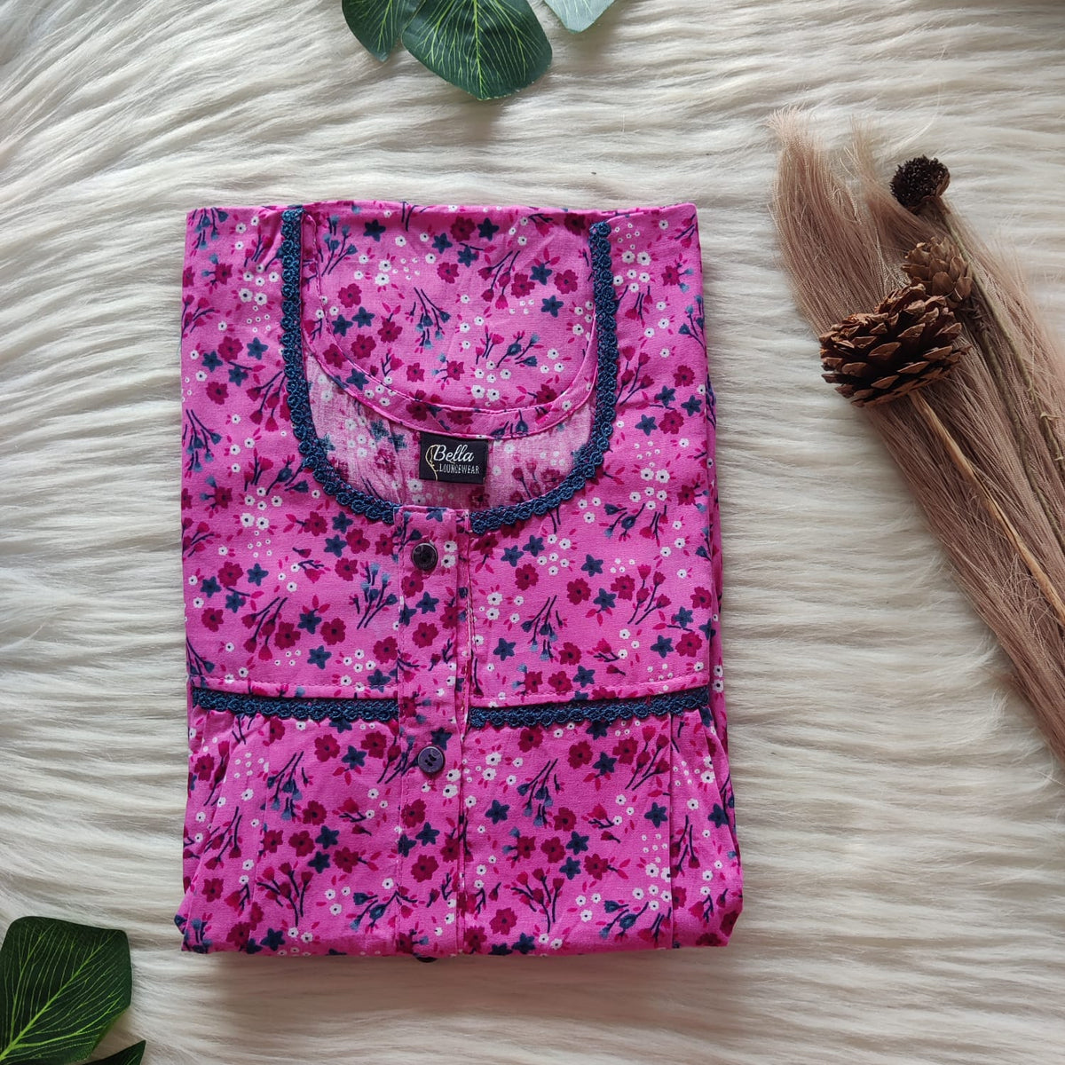 Navy Blue Floral Pink Printed Premium Cotton Lace Button Nighty | Free Size | Chest Width 44"| Length 54"-56"