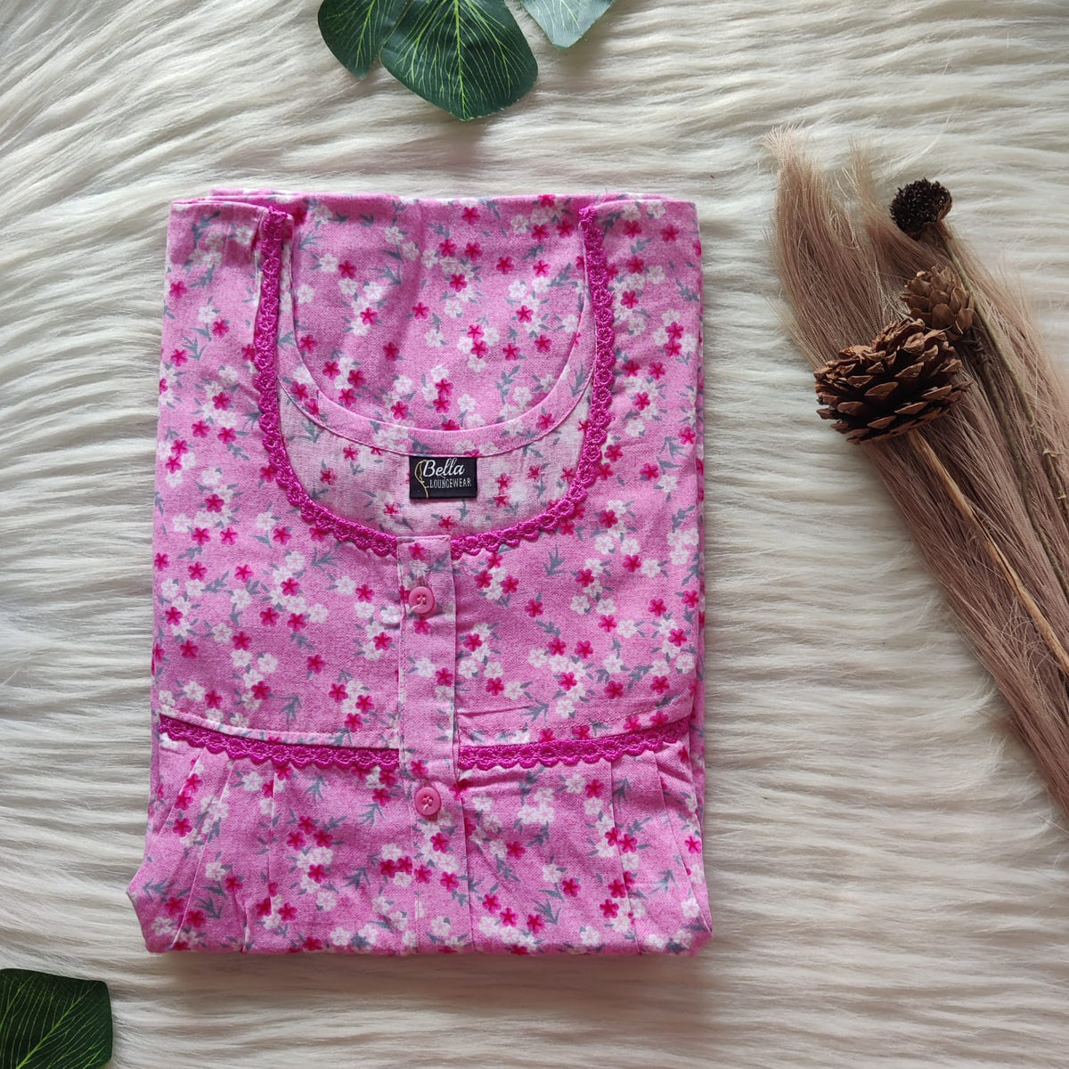 White Floral Printed Pink Premium Cotton Lace Button Nighty | Free Size | Chest Width 44"| Length 54"-56"