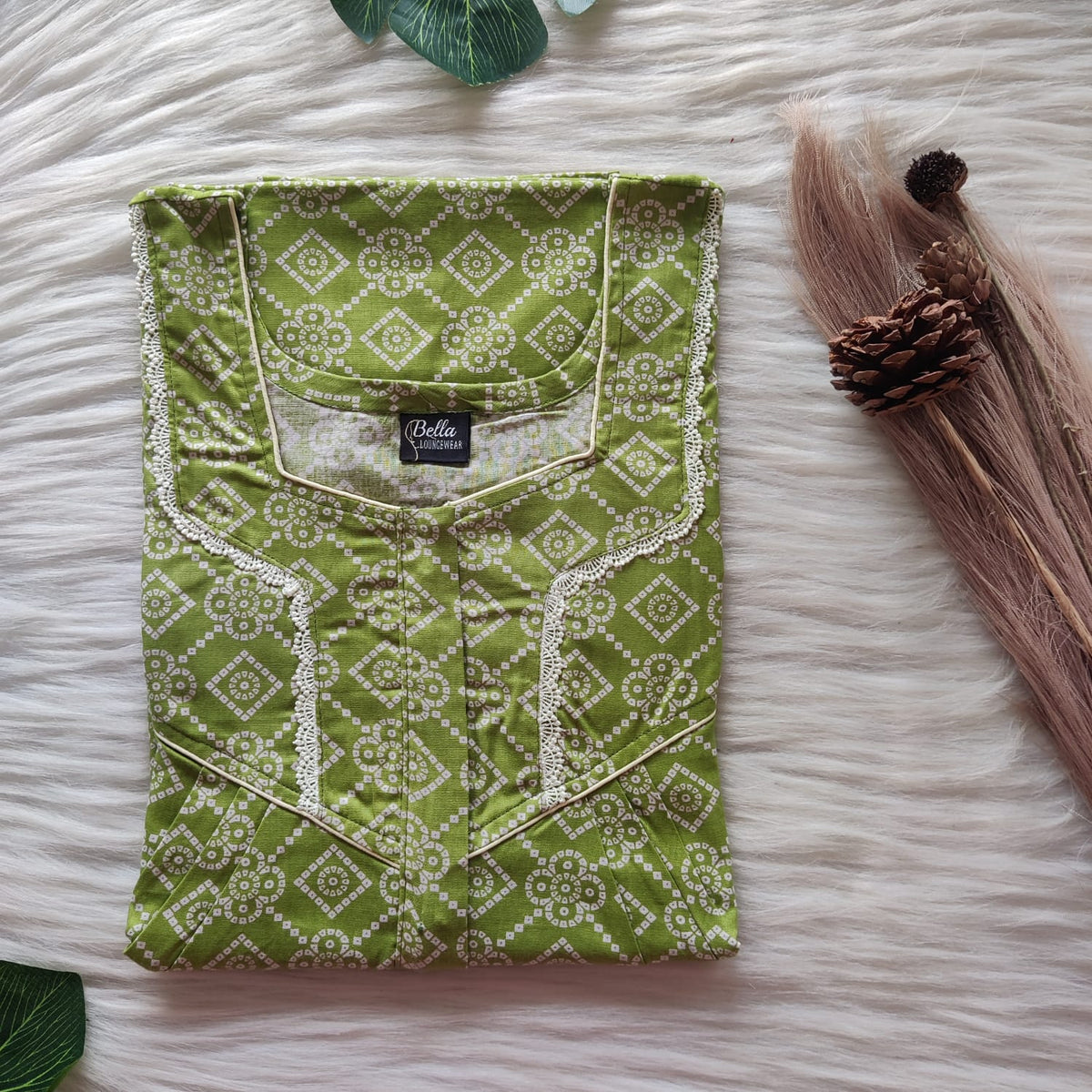 Green Printed Premium Cotton Long Zip Lace Feeding Nighty | Free Size | Chest Width 44″| Length 56″