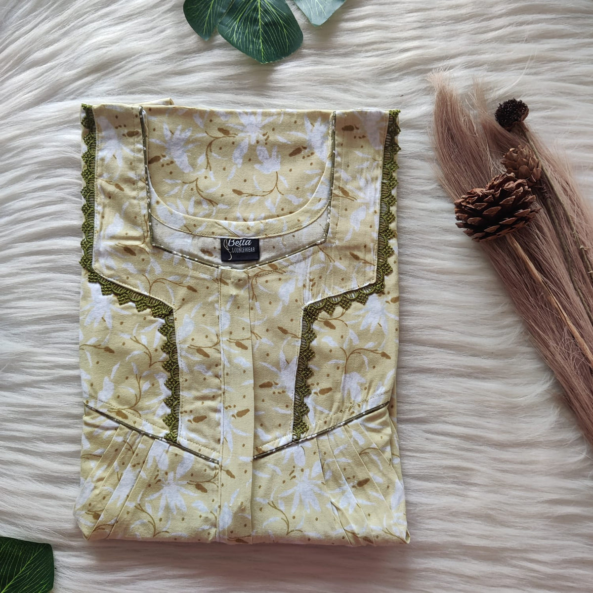 Pastel Green Printed Premium Cotton Long Zip Lace Feeding Nighty | Free Size | Chest Width 44″| Length 56″