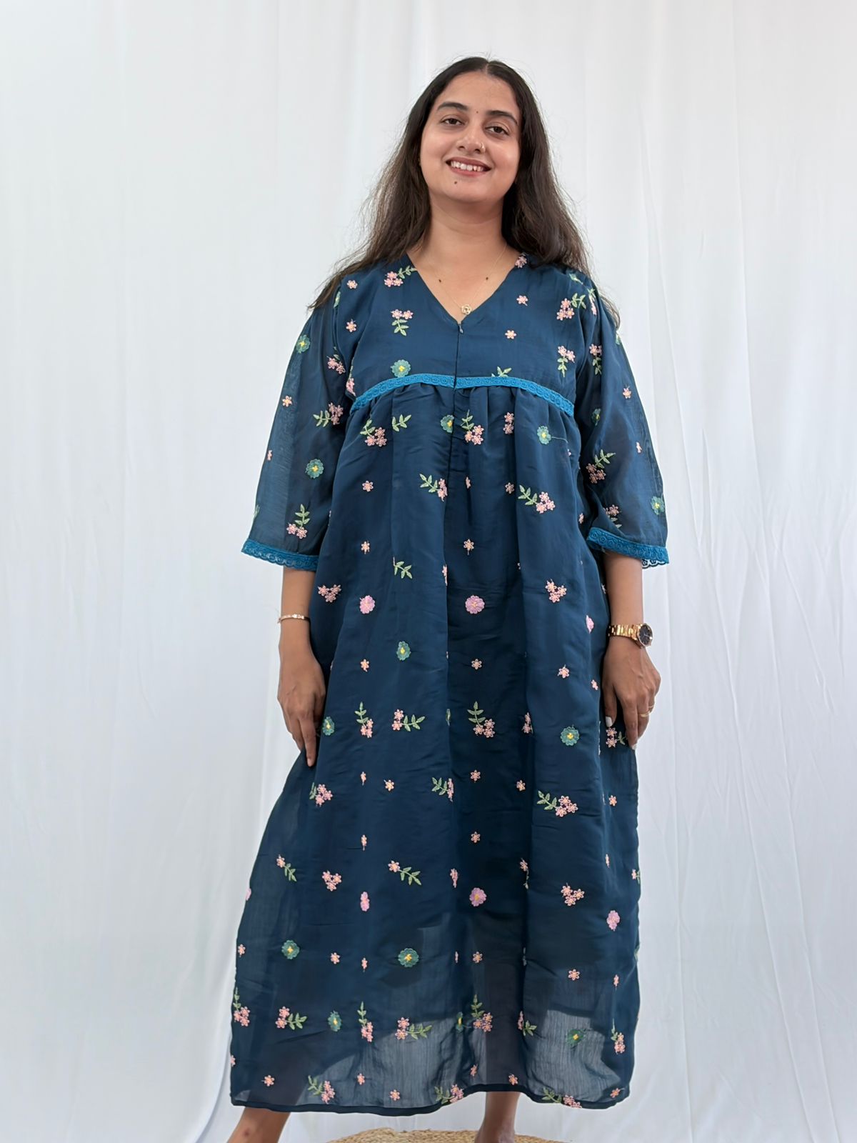Blue Floral Embroidered Mul Chanderi Feeding Kurti With Organza Lace And Single Centre Invisible Zip | Free Size | 46" length