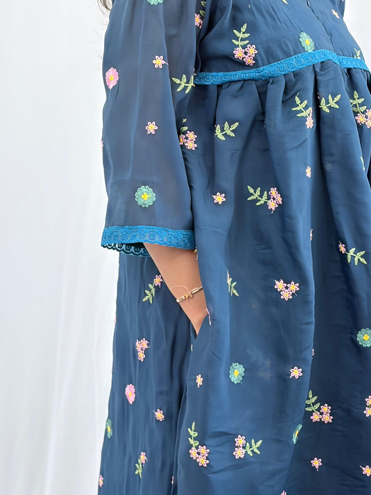 Blue Floral Embroidered Mul Chanderi Feeding Kurti With Organza Lace And Single Centre Invisible Zip | Free Size | 46" length