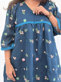 Blue Floral Embroidered Mul Chanderi Feeding Kurti With Organza Lace And Single Centre Invisible Zip | Free Size | 46" length