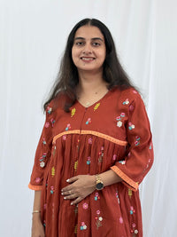Rust Orange Floral Embroidered Mul Chanderi Feeding Kurti With Organza Lace And Single Centre Invisible Zip | Free Size | 46" length