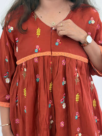 Rust Orange Floral Embroidered Mul Chanderi Feeding Kurti With Organza Lace And Single Centre Invisible Zip | Free Size | 46" length