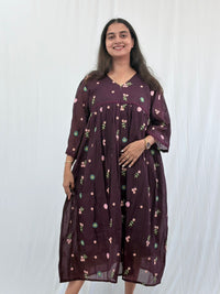 Wine Floral Embroidered Mul Chanderi Feeding Kurti With Organza Lace And Single Centre Invisible Zip | Free Size | 46" length