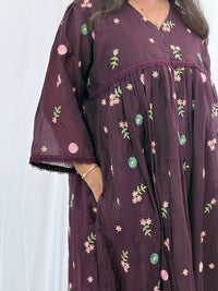 Wine Floral Embroidered Mul Chanderi Feeding Kurti With Organza Lace And Single Centre Invisible Zip | Free Size | 46" length
