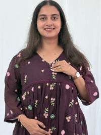 Wine Floral Embroidered Mul Chanderi Feeding Kurti With Organza Lace And Single Centre Invisible Zip | Free Size | 46" length