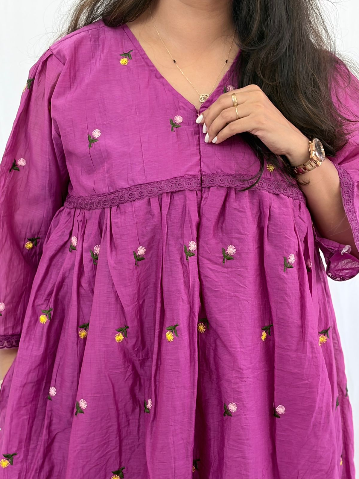 Purple Floral Embroidered Mul Chanderi Feeding Kurti With Organza Lace And Single Centre Invisible Zip | Free Size | 46" length