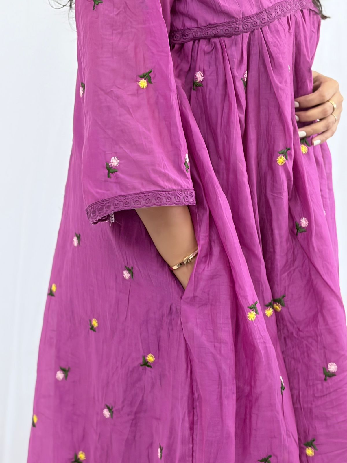 Purple Floral Embroidered Mul Chanderi Feeding Kurti With Organza Lace And Single Centre Invisible Zip | Free Size | 46" length
