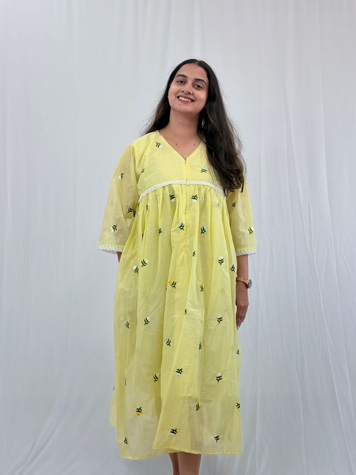 Lemon Yellow Floral Embroidered Mul Chanderi Feeding Kurti With Organza Lace And Single Centre Invisible Zip | Free Size | 46" length