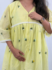 Lemon Yellow Floral Embroidered Mul Chanderi Feeding Kurti With Organza Lace And Single Centre Invisible Zip | Free Size | 46" length