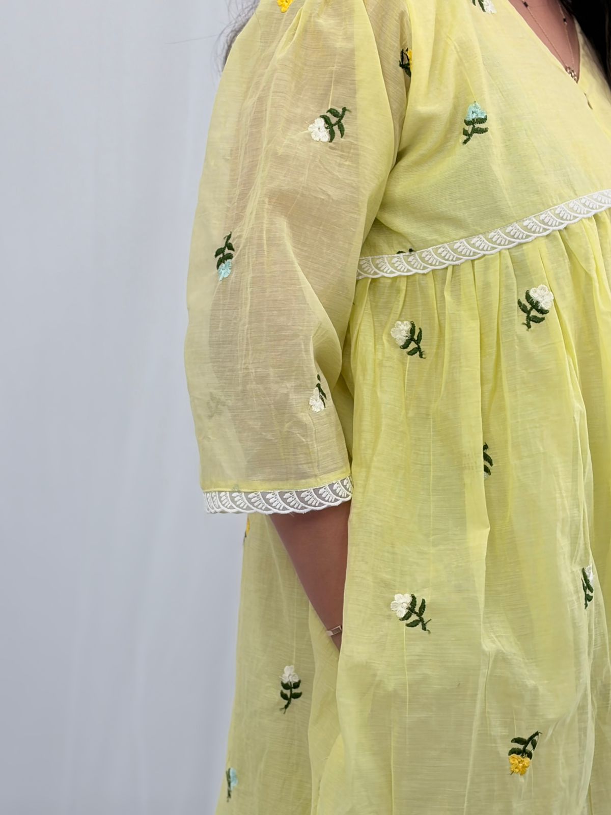 Lemon Yellow Floral Embroidered Mul Chanderi Feeding Kurti With Organza Lace And Single Centre Invisible Zip | Free Size | 46" length