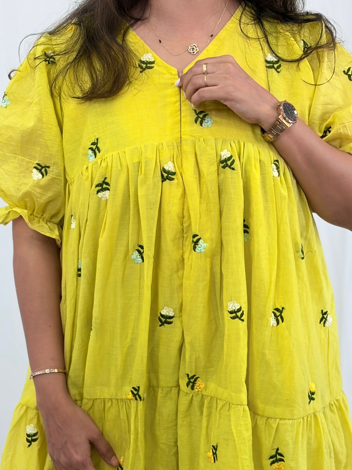Yellow Floral Embroidered Mul Chanderi Flared Feeding Gown With Single Centre Invisible Zip | Free Size | 44" length