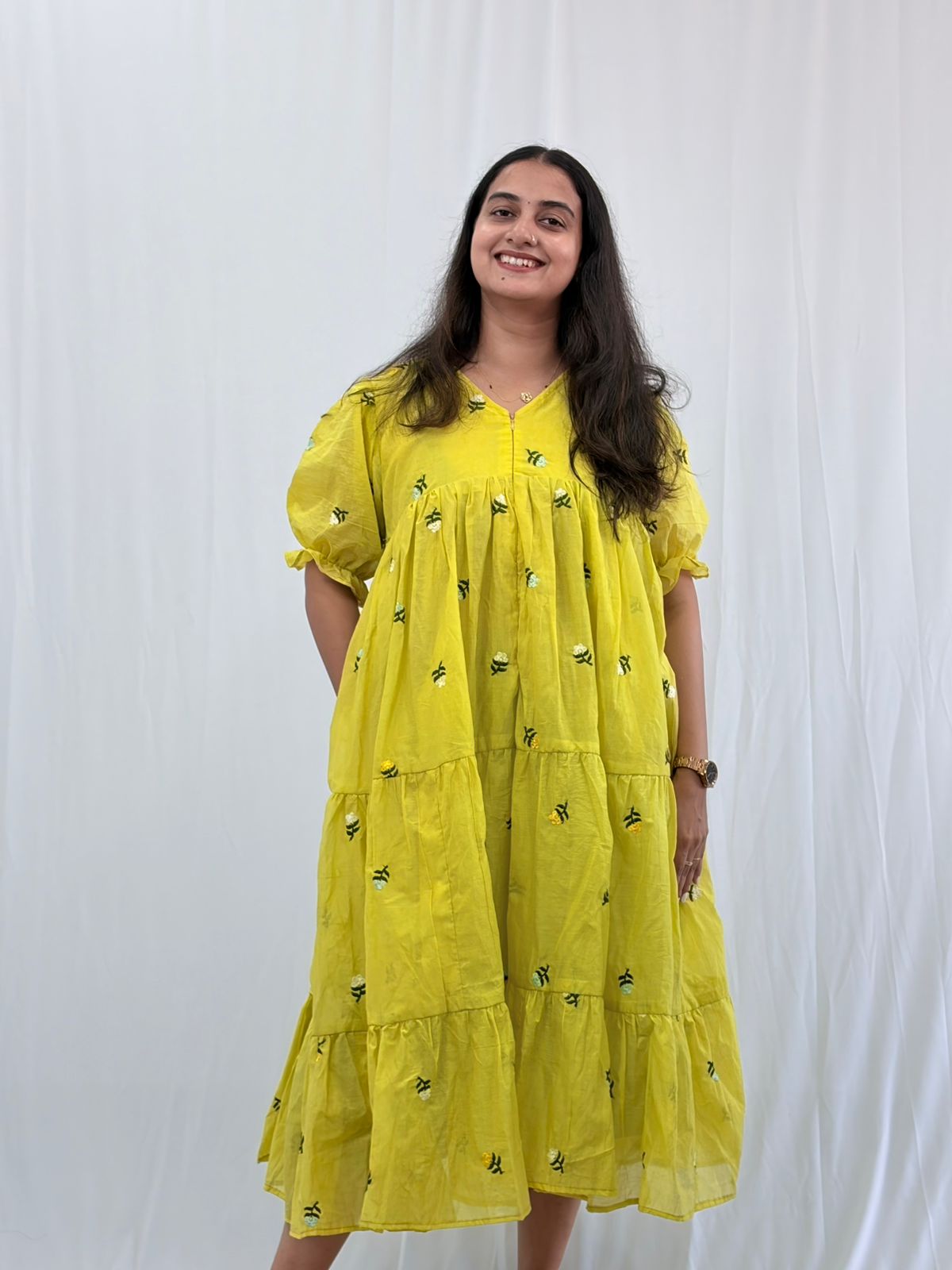 Yellow Floral Embroidered Mul Chanderi Flared Feeding Gown With Single Centre Invisible Zip | Free Size | 44" length