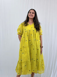 Yellow Floral Embroidered Mul Chanderi Flared Feeding Gown With Single Centre Invisible Zip | Free Size | 44" length