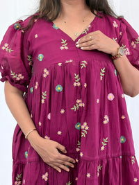 Purple Floral Embroidered Mul Chanderi Flared Feeding Gown With Single Centre Invisible Zip | Free Size | 44" length